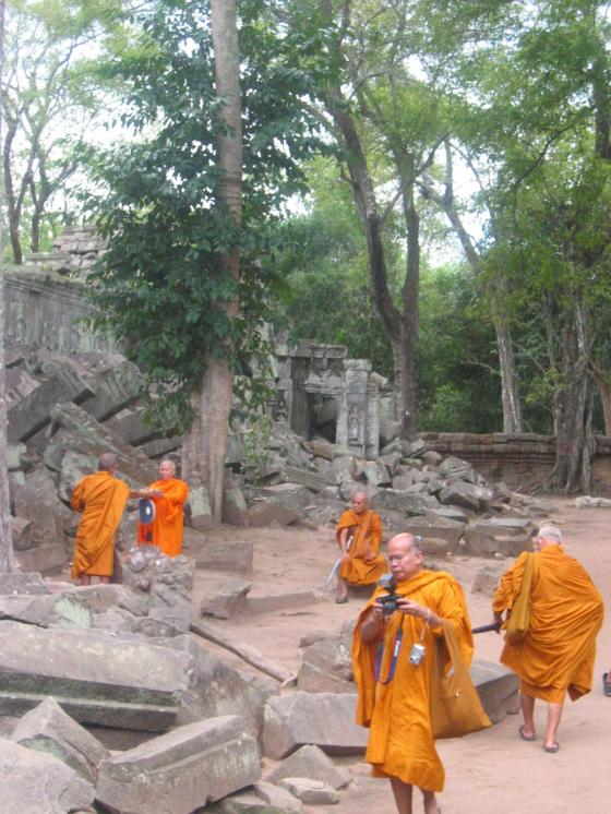 Buddhist monks on a tourist trip, Angkor, Cambodia