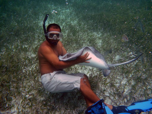 Tour guide hugging a stingray @Ambergris Caye, Belize