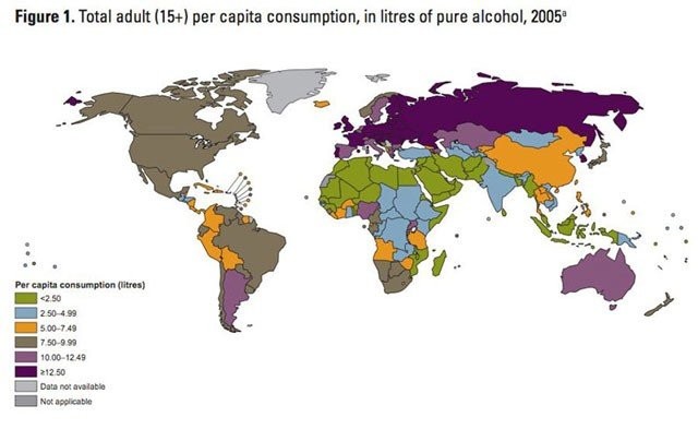 Kartta kertoo alkoholinkulutuksesta. Onko Suomi kärkipäässä vai pohjalla tässä tilastossa?