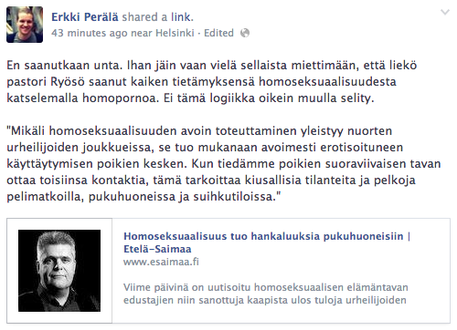 Helsinkiläinen kaupunginvaltuutettu Erkki Perälä (vihr.) analysoi pastori Ryösän homosaatiohuolia.