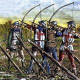 Englantilaisia pitkäjousimiehiä Agincourtin taistelussa. Kaikki sormet tallella.