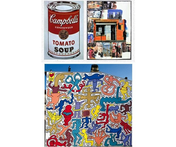 Clockwise: Warhol, Rauschenberg, Haring (painted on building facade)