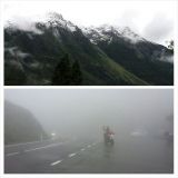 Sama vuori (Timmelsjoch) kahtena peräkkäisenä päivänä. Ylempi tältä aamulta ja alempi eiliseltä.