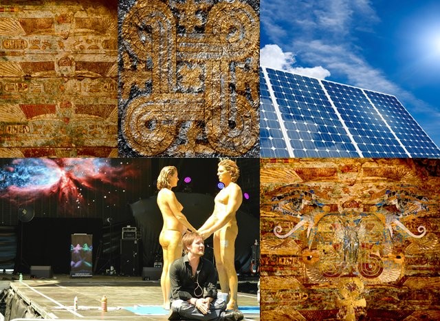 (right to left clockwise)Karnak Ceiling, Kalevala Flower of Life, Solar Panel, Vesa on stage with models, Artevo piece: Lux