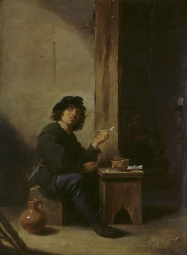David Teniers maalaus Tupakoiva mies on esiellä Sinebrychoffin taidemuseossa.