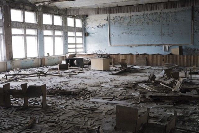 Pripyatin koulun luokkahuone.