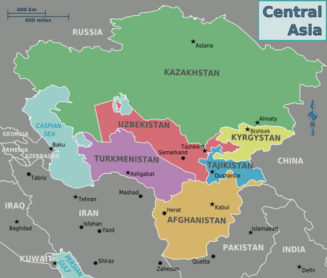 Uzbekistan on Keski-Aasian keskellä. Kuva Wikipedia.
